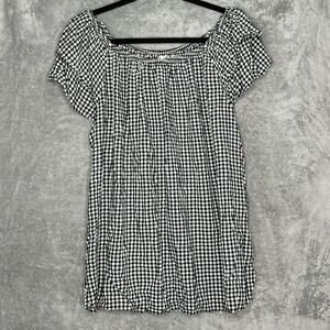 Terra & Sky 1X Top Shirt Black Checkered Boat Neck Flutter Cap Short Sleeve Knit
